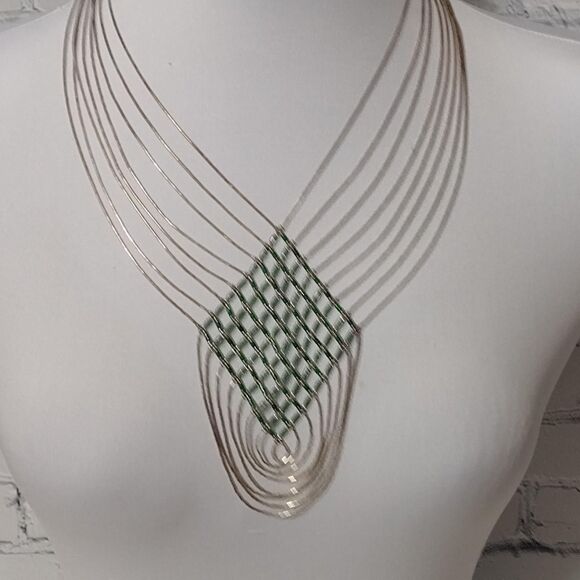 Southwest Liquid Silver and Malachite Basket Weave Bib Necklace - Picture 1 of 4